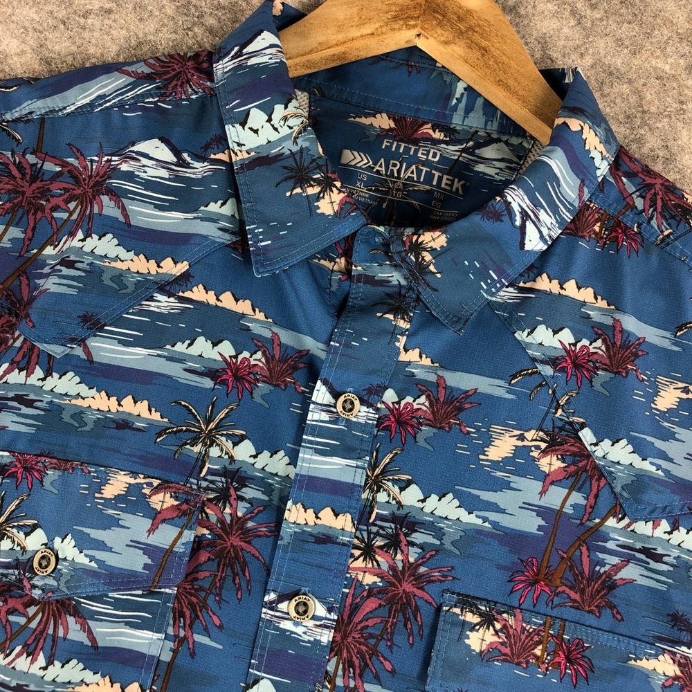 Ariat Tek Shirt Men XL Blue Palm Tree Hawaiian Print Button Up Fitted Casual